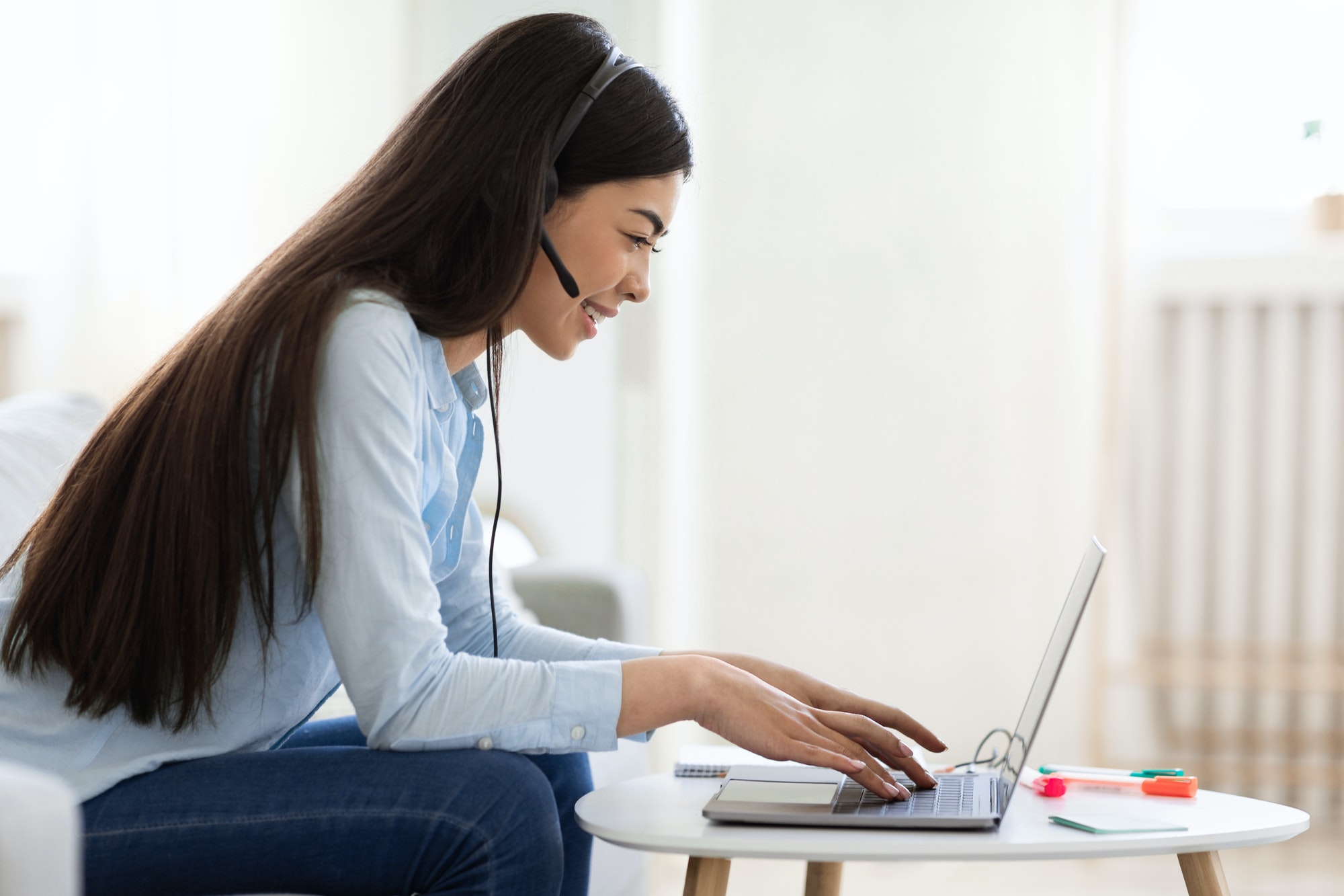 Remote Jobs For Students. Asian Girl Working As Call-Center Operator At Home