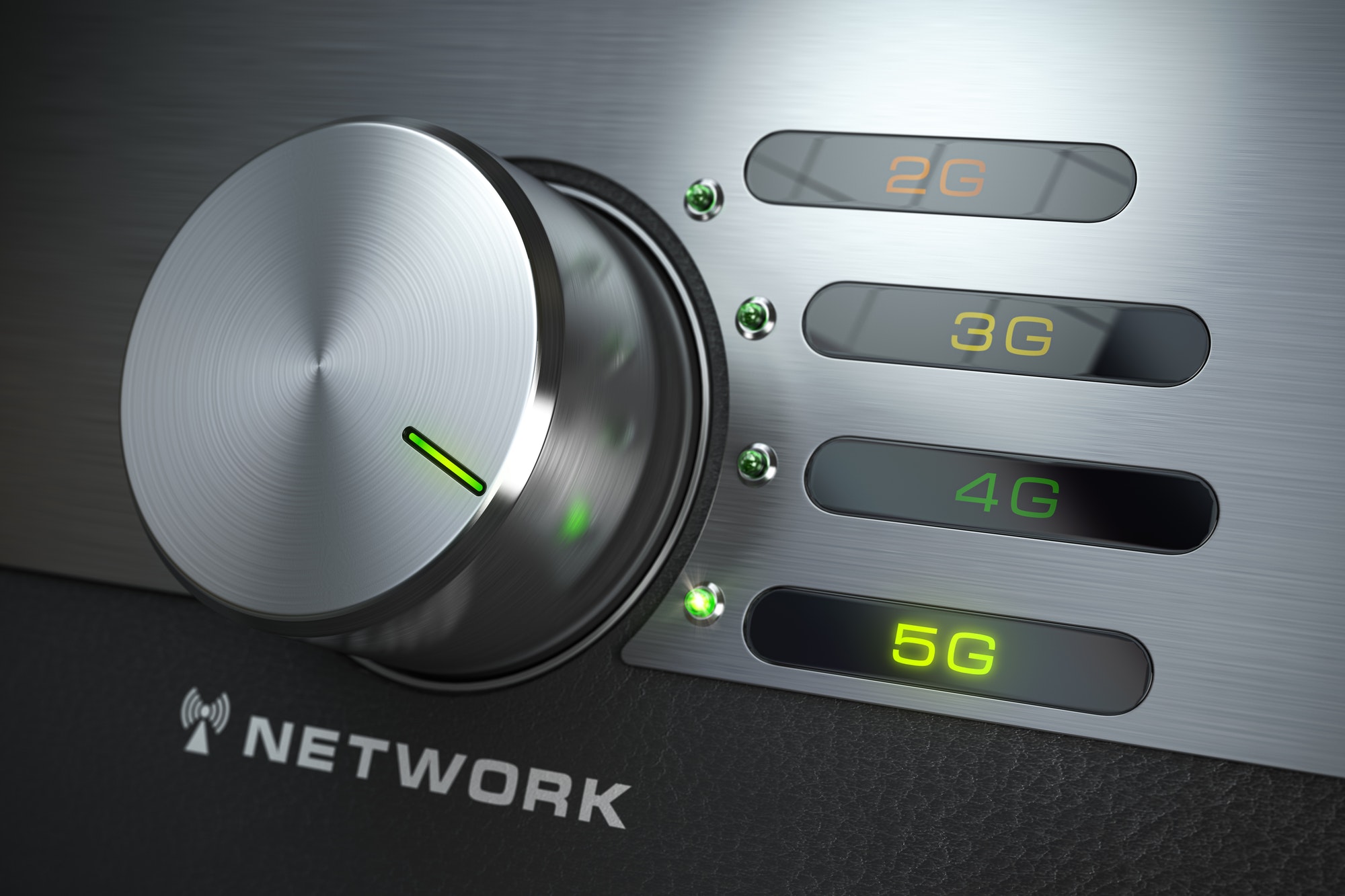 5G network. Switch knob with different telecommunication standarts in mobile network.